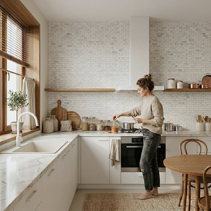 Brick Oriental White 12-in x 12-in Polished Marble Mosaic Wall Tile( 5 sq. ft. /Box )