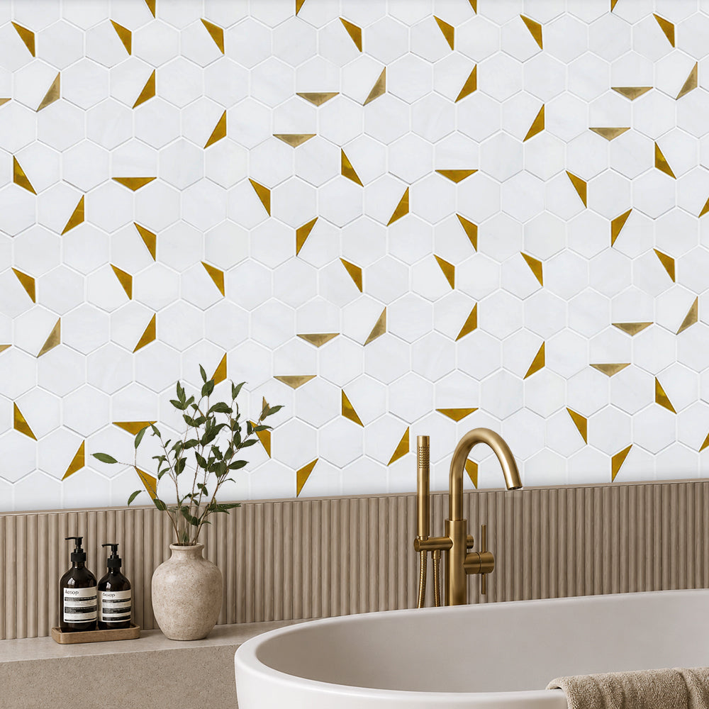 Royal White Hexagon with Gold Accents 12-in x 10-in Polished Marble with Metal Mosaic Wall Tile( 8.3 sq. ft. /Box )