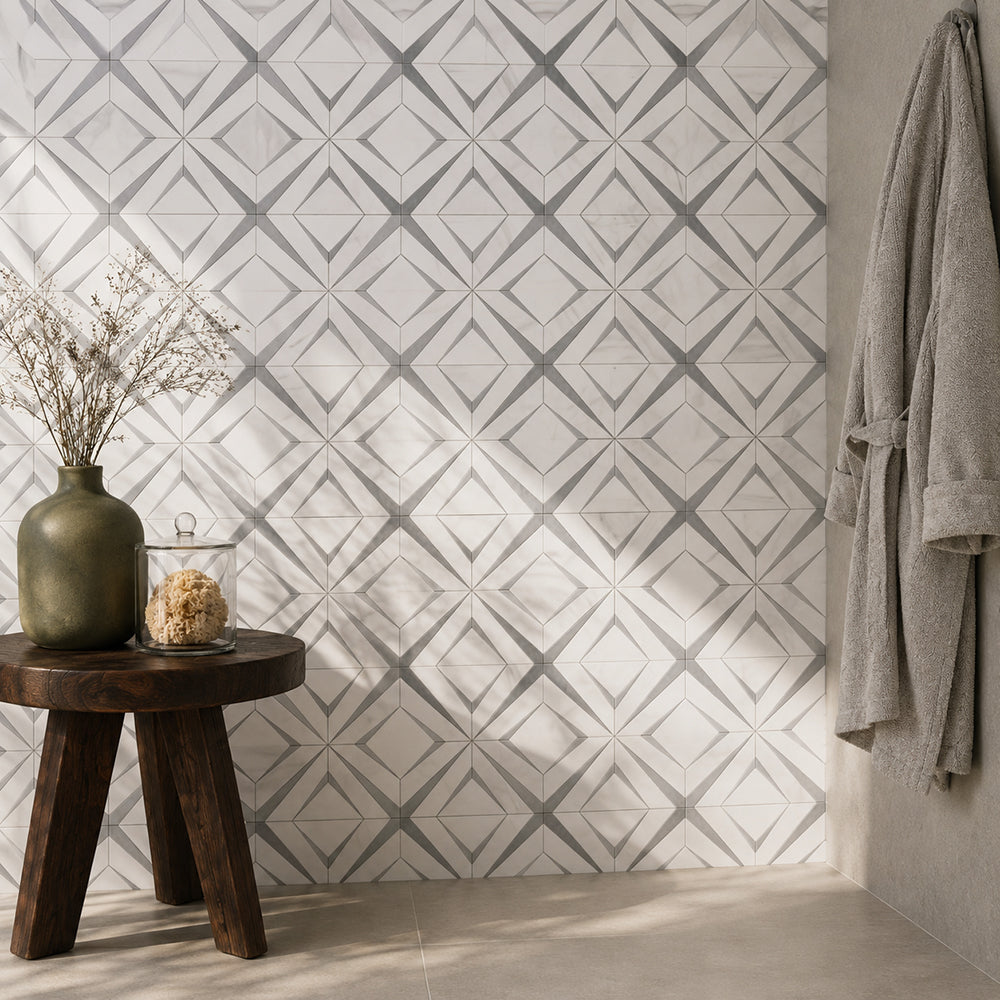 Aphrodite Light Gray Diamond Pattern 12-in x 12-in Polished Waterjet Mosaic Floor and Wall Tile( 5 sq. ft. /Box )