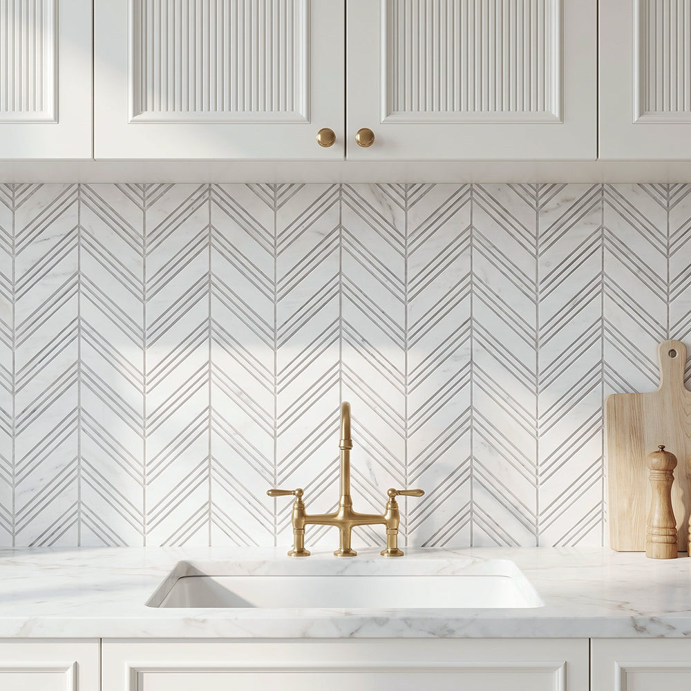 Carrara & Oriental White Chevron 12-in x 12-in Polished  Marble Mosaic Wall Tile( 5 sq. ft. /Box )