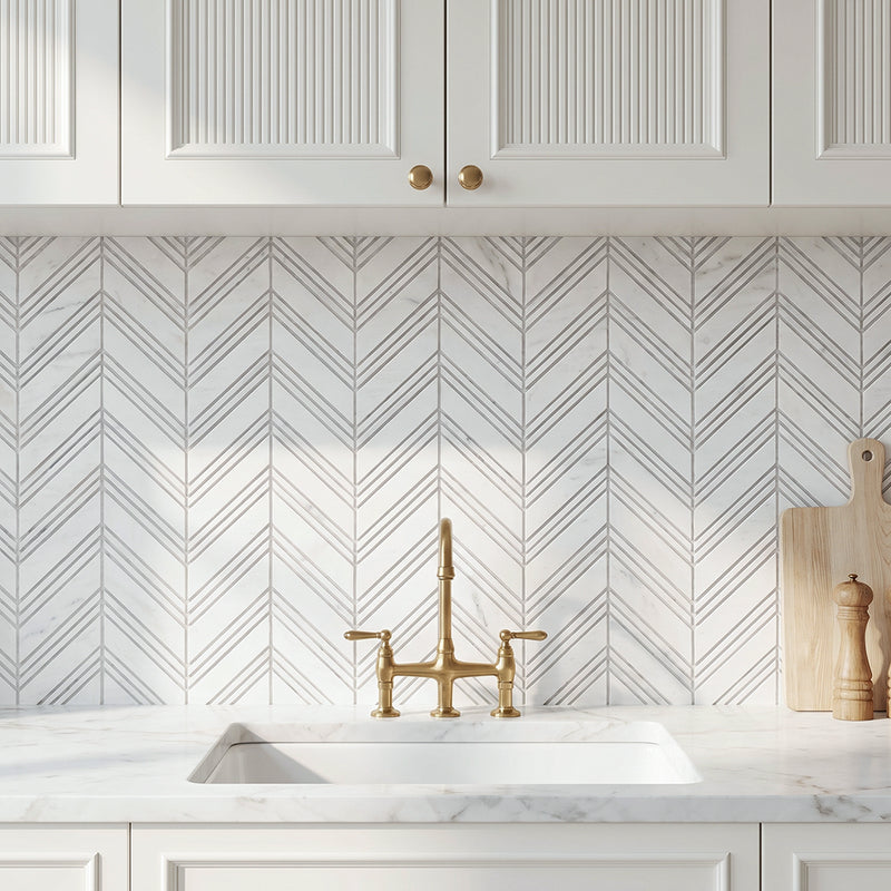 Carrara & Oriental White Chevron 12-in x 12-in Polished  Marble Mosaic Wall Tile( 5 sq. ft. /Box )
