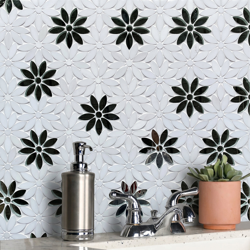 Interlocking Floral with Thassos & Antique Mirror 9-in x 11-in Waterjet Mosaic Floor and Wall Tile( 7 sq. ft. /Box )