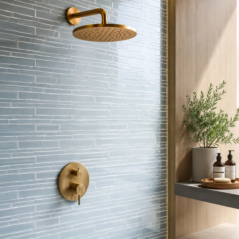 6-in x 18-in Ice Denim Glass Mix Random Strip Mosaic Wall Tile( 7.5 sq. ft. /Box )