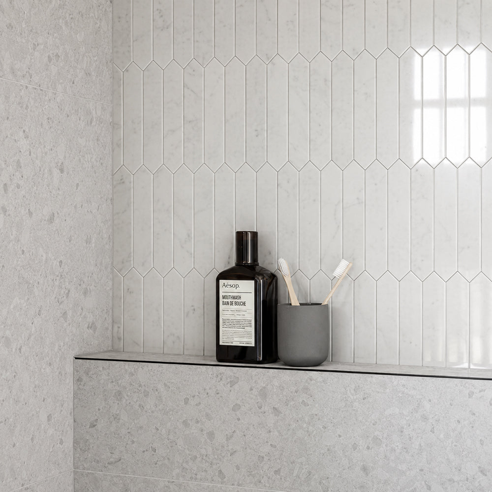 Carrara Elongated Hexagon 14-in x 12-in Polished Marble Mosaic Wall Tile( 5.85 sq. ft. /Box )