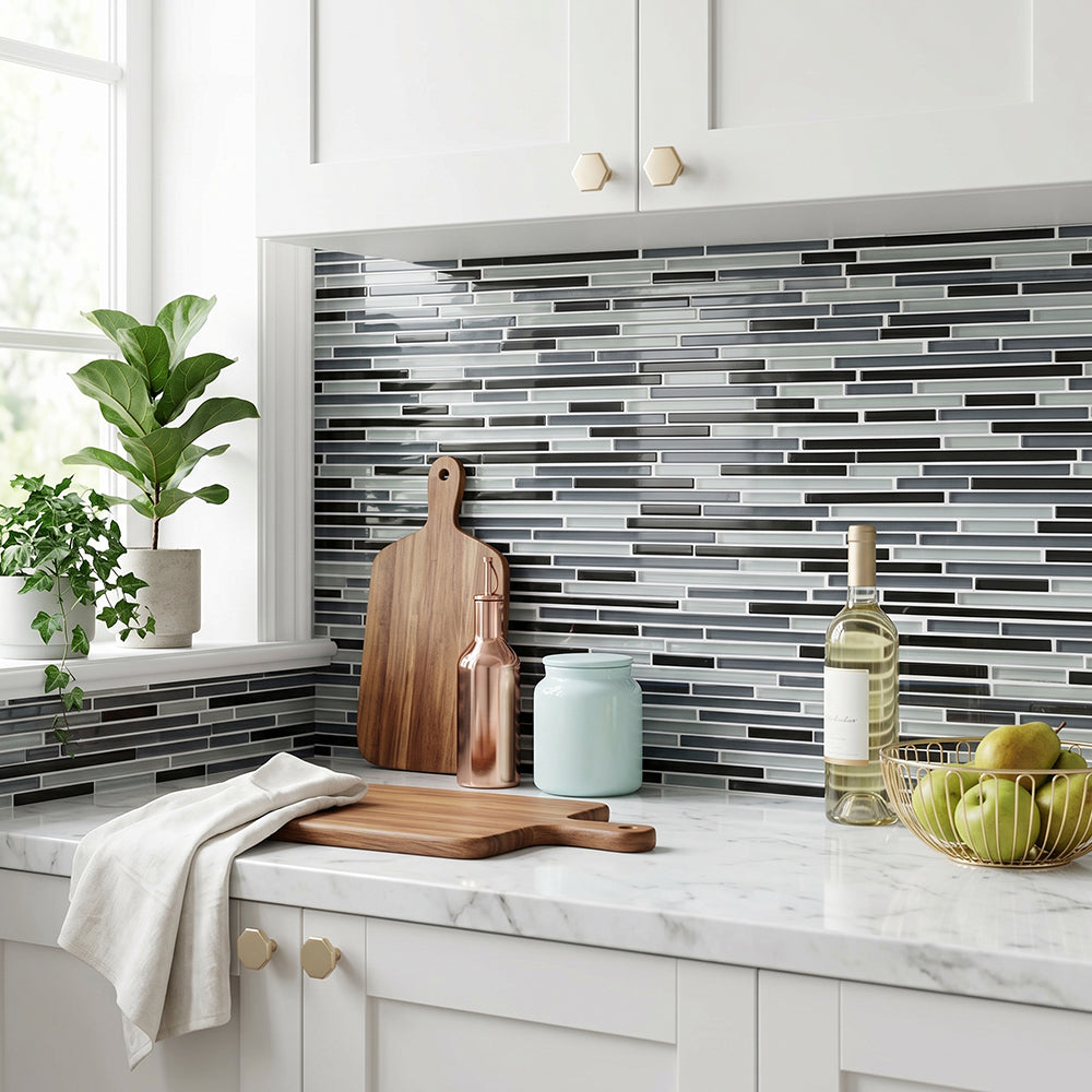 Gray Shadow Random Thin Strip 12-in x 12-in Glass Mosaic Wall Tile( 10 sq. ft. /Box )