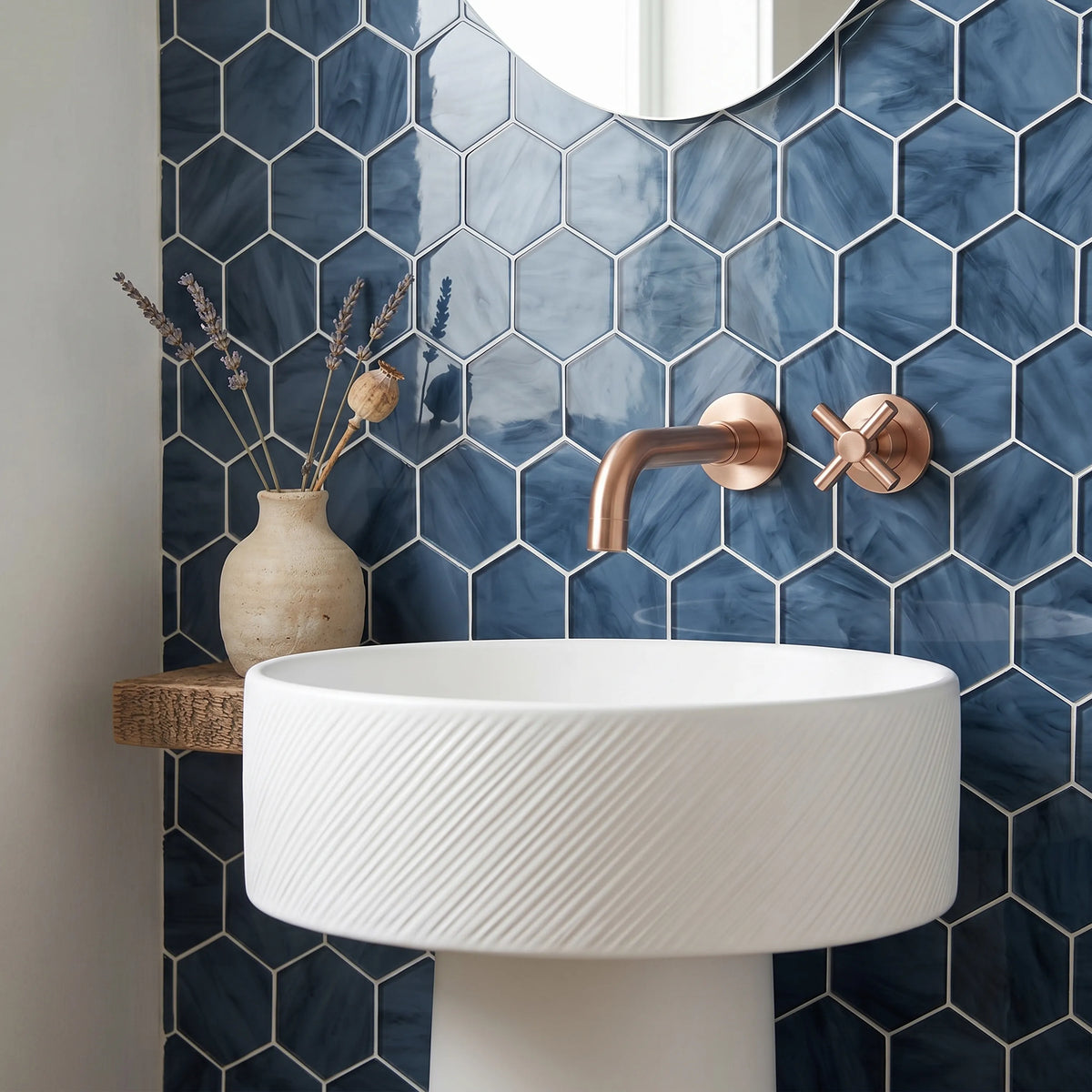 6-in Hexagon Blue 12-in x 12-in Inkjet Glass Mosaic Wall Tile( 10 sq. ft. /Box )