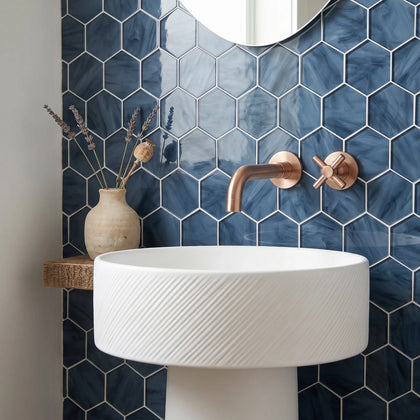 6-in Hexagon Blue 12-in x 12-in Inkjet Glass Mosaic Wall Tile( 10 sq. ft. /Box )