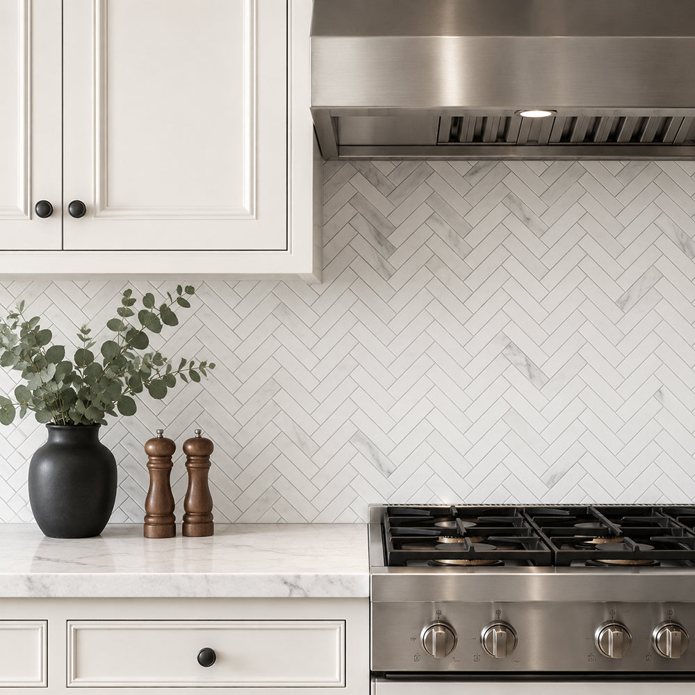 Oriental White Herringbone 12-1/2-in x 11-in Polished Marble Mosaic Wall Tile( 4.75 sq. ft. /Box )