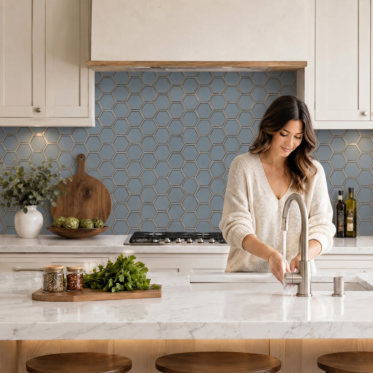 3-in Hexagon Dark Blue Glass with Silver Edge 11-in x 9-in Glass Mosaic Wall Tile( 7 sq. ft. /Box )