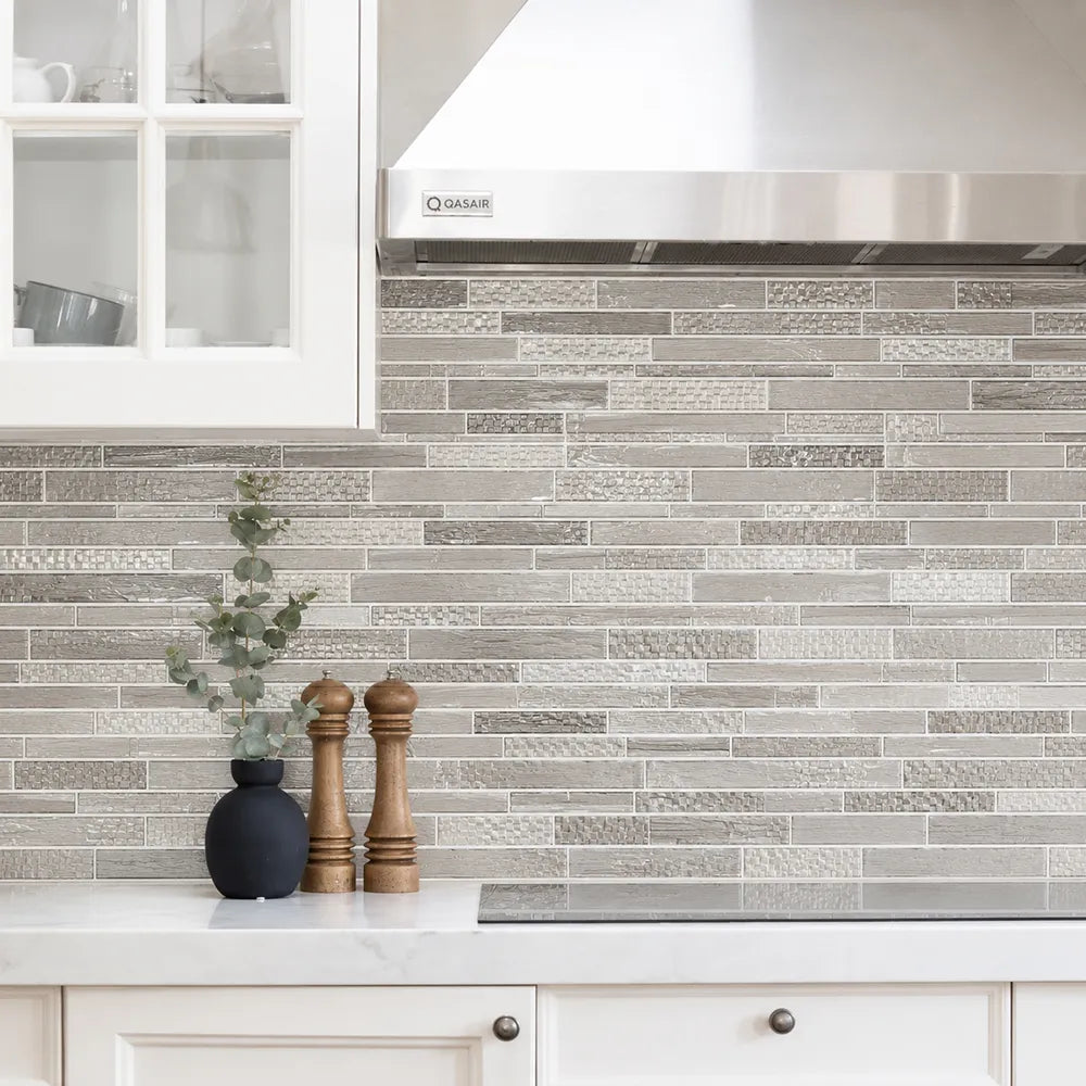 6-in x 18-in Mixed Neutrals Glass Random Strip Mosaic Wall Tile( 7.5 sq. ft. /Box )
