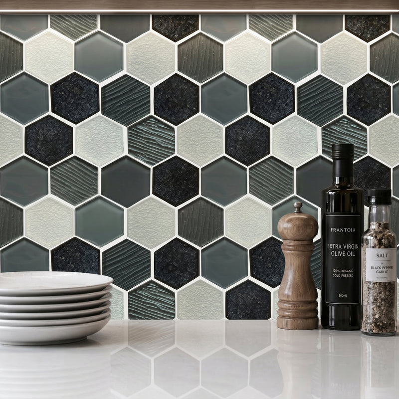 12-in x 11-in Palladian Gray Hex Glass & Porcelain Mosaic Wall Tile( 8.3 sq. ft. /Box )
