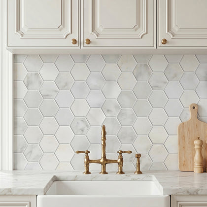 2-in Calacatta Hexagon 12-in x 12-in Polished Marble Mosaic Floor and Wall Tile( 5 sq. ft. /Box )