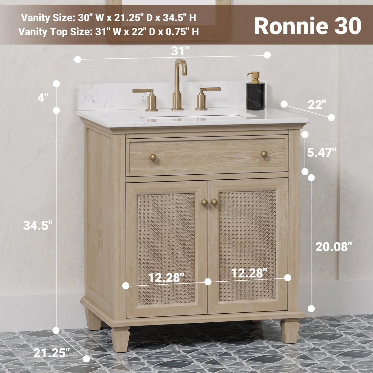 Ronnie 30" Vanity Set with White Carrara Quartz Top