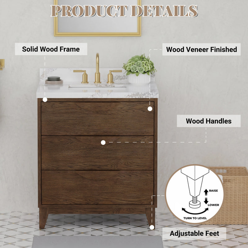 Edmond 30" Vanity Set with Laminated Eased Edge, Calacatta Phoenix Quartz Top in Natural Teak
