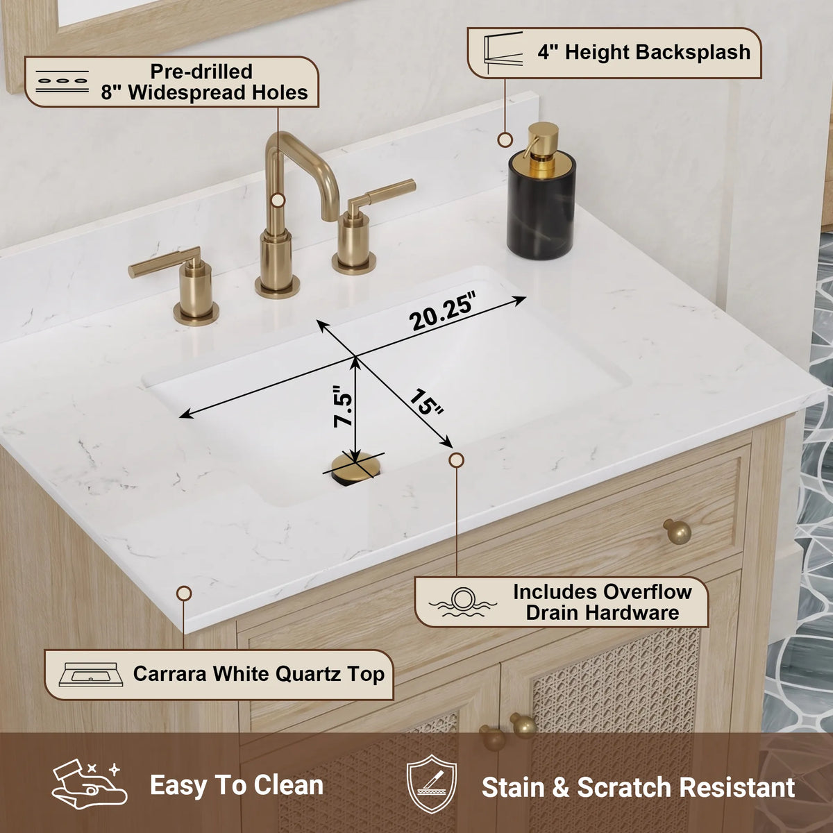 Ronnie 30" Vanity Set with White Carrara Quartz Top