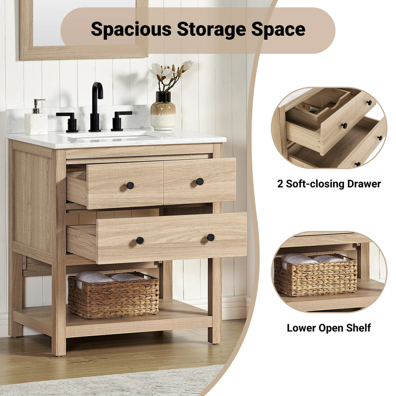 Encino 30" Single Vanity With Carrara White Quartz Stone Top-+ Light Oak Finish