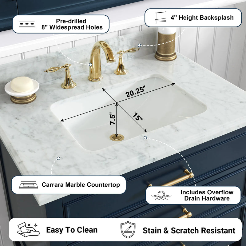 1.0 Manhattan 30" Vanity With Carrara Marble Top