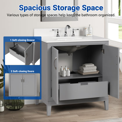 30 inch gray bathroom vanity with white quartz top, showing spacious storage space and soft-closing drawer and doors.