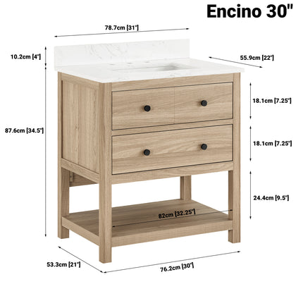 Encino 30 inch single vanity with quartz top dimensions and design details for modern bathrooms.