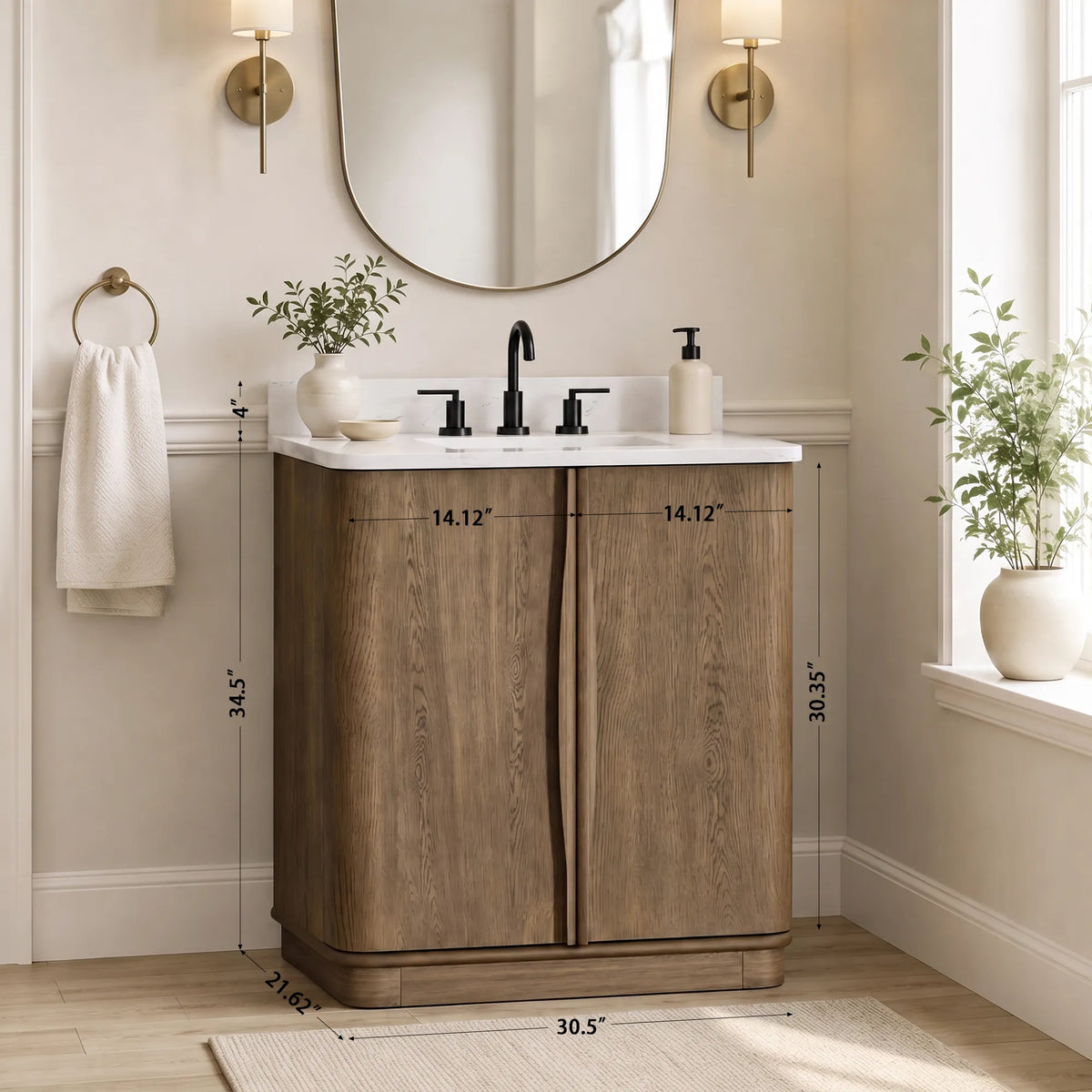 Zamora 30" Vanity Set with Carrara White Quartz Top - Castle Oak
