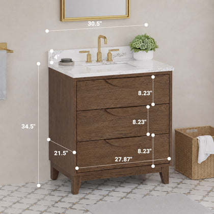 Edmond 30" Vanity Set with Laminated Eased Edge, Calacatta Phoenix Quartz Top in Natural Teak