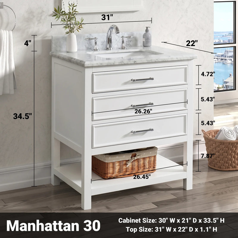 1.0 Manhattan 30" Vanity With Carrara Marble Top