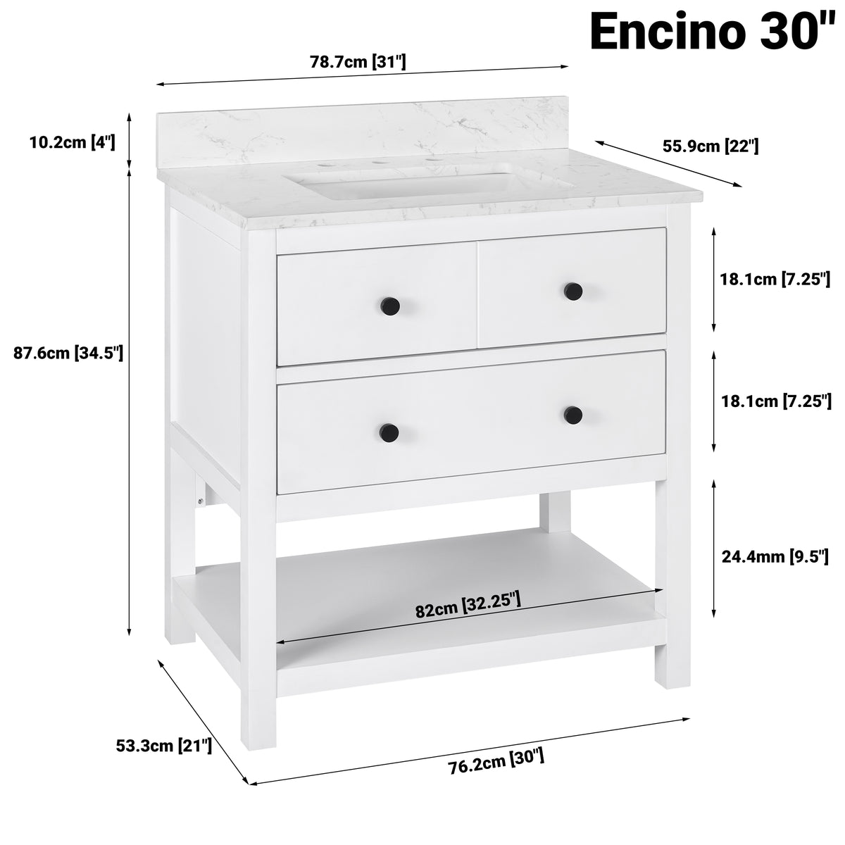 Encino 30" Single Vanity With Carrara White Quartz Stone Top
