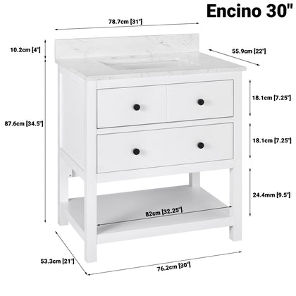 Encino 30" Single Vanity With Carrara White Quartz Stone Top