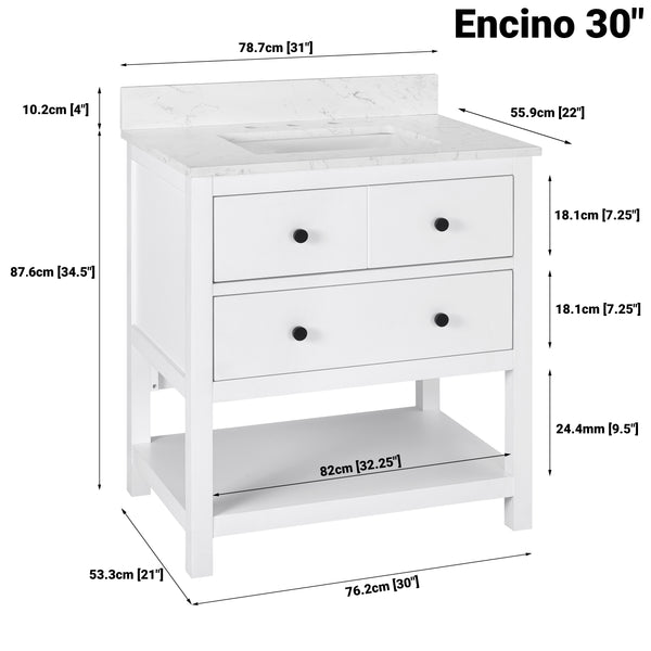 Encino 30" Single Vanity With Carrara White Quartz Stone Top