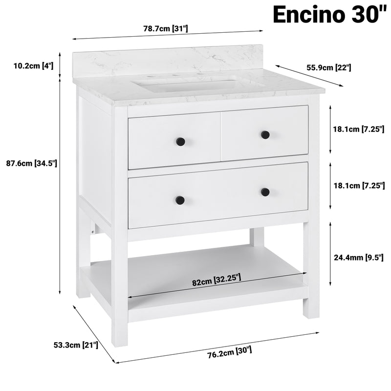 Encino 30" Single Vanity With Carrara White Quartz Stone Top