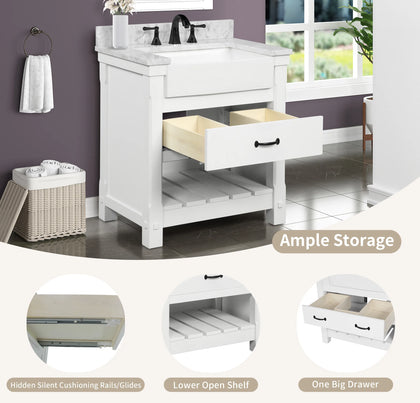 Farmington 30" Open Shelf Vanity Set with Premium Carrara Marble Top