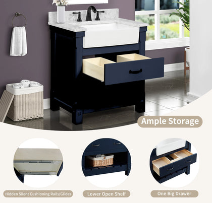 Farmington navy blue 30" Open Shelf Vanity Set with Premium Carrara Marble Top