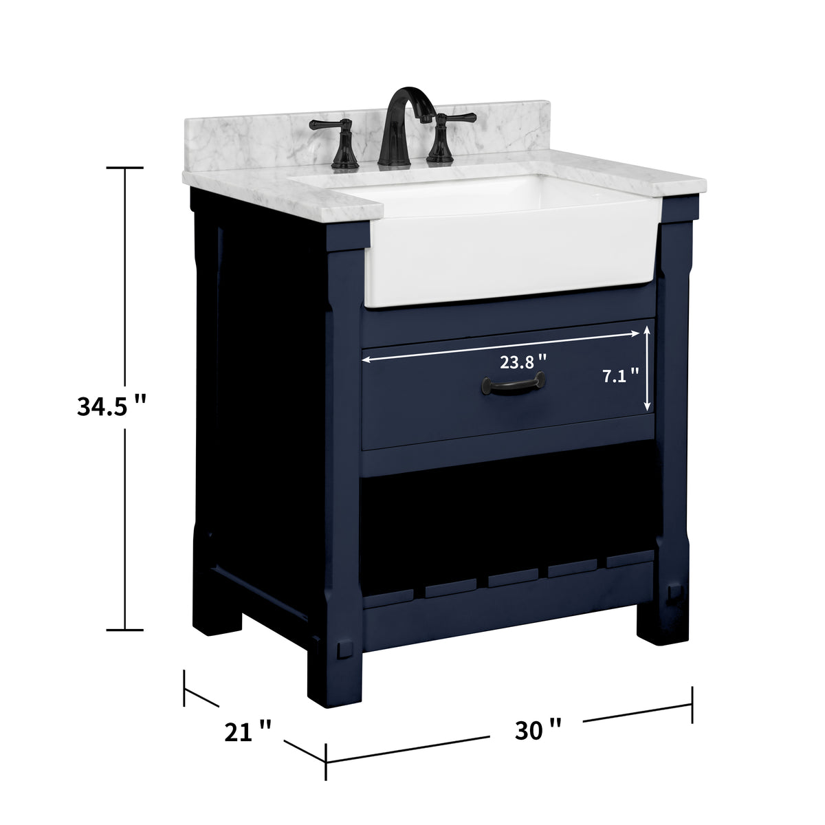 Farmington navy blue 30" Open Shelf Vanity Set with Premium Carrara Marble Top