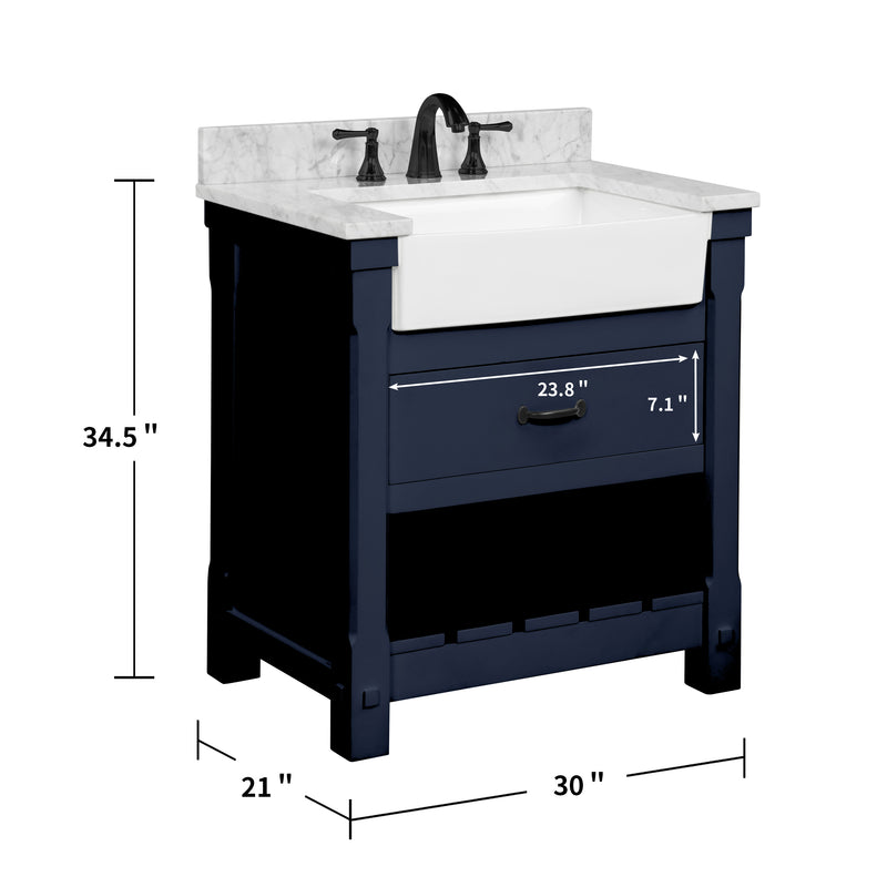 Farmington navy blue 30" Open Shelf Vanity Set with Premium Carrara Marble Top
