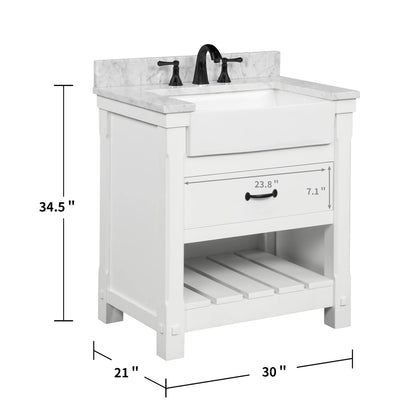 Farmington 30" Open Shelf Vanity Set with Premium Carrara Marble Top