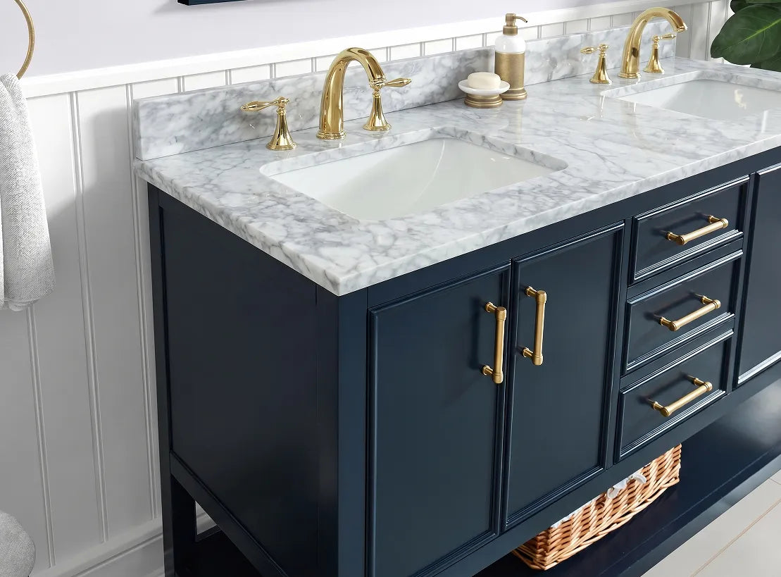 60 inch Manhattan vanity with Carrara marble top showcasing a deep blue finish and elegant gold fixtures.
