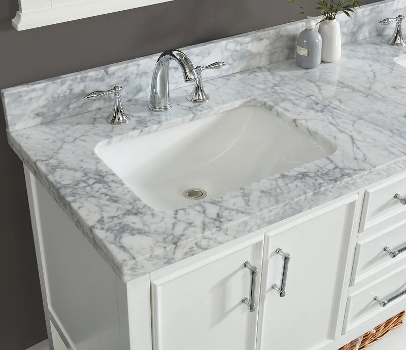 Close-up of 60 inch Manhattan vanity with Carrara marble top showcasing the sink and faucet.