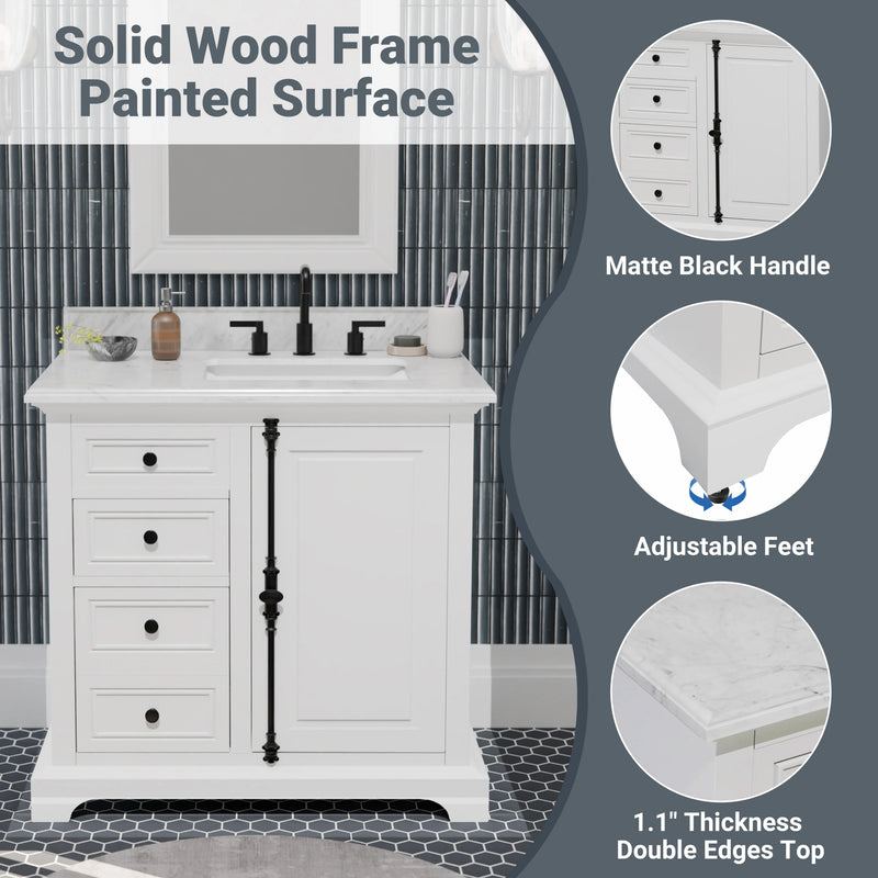 Icon 36" Vanity in White with Carrara Marble Top