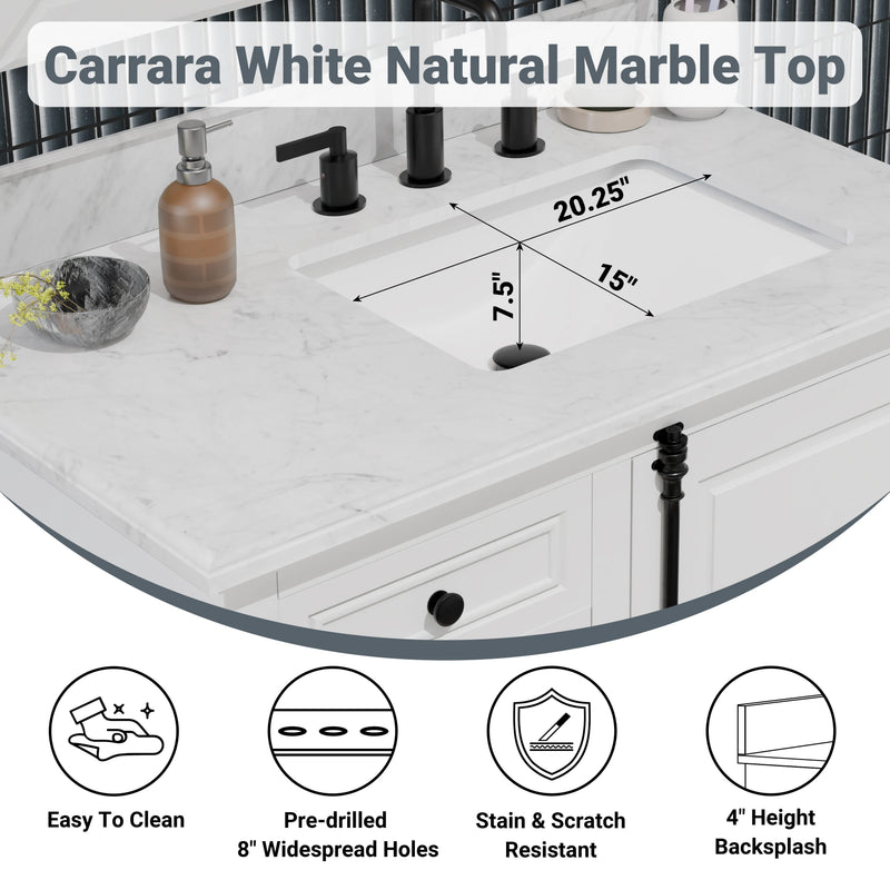 Icon 36" Vanity in White with Carrara Marble Top