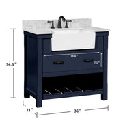 Farmington navy blue 36" Open Shelf Vanity Set with Premium Carrara Marble Top