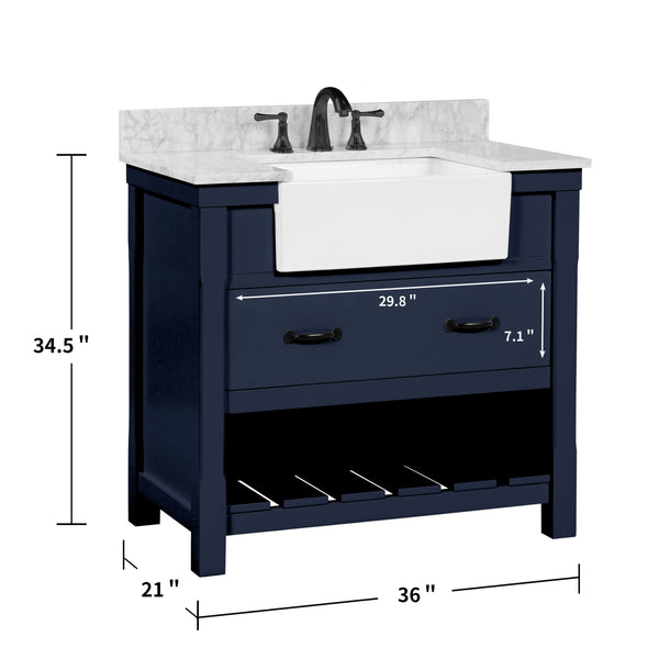 Farmington navy blue 36" Open Shelf Vanity Set with Premium Carrara Marble Top
