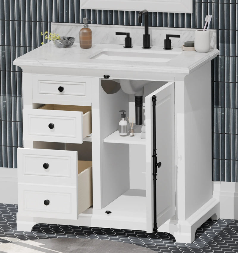 Icon 36" Vanity in White with Carrara Marble Top