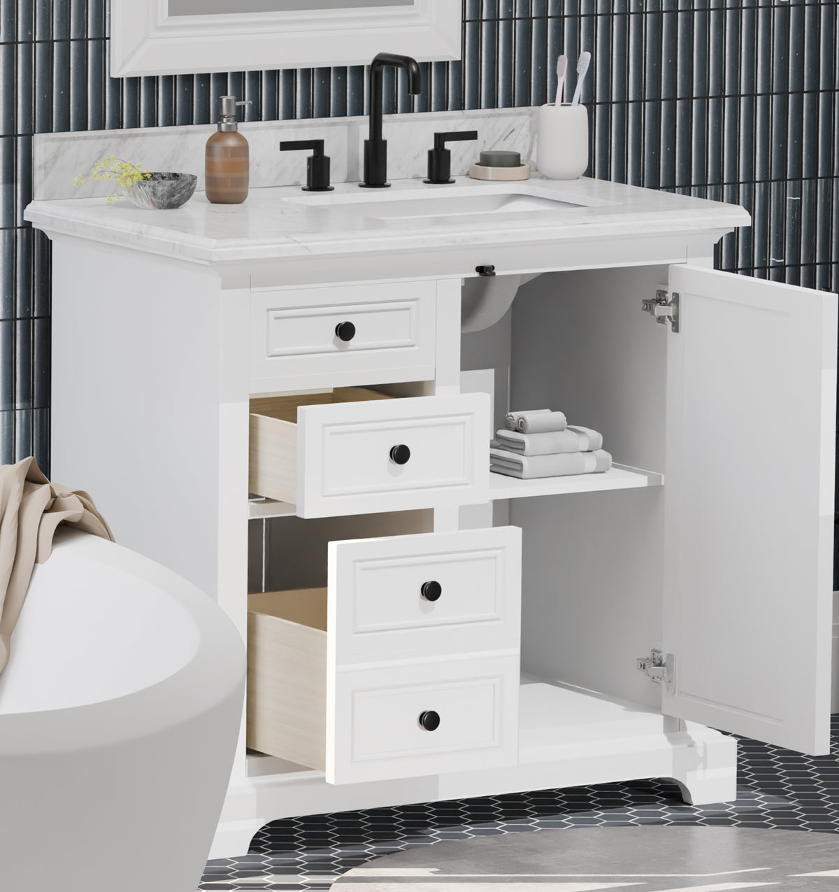 Icon 36" Vanity in White with Carrara Marble Top