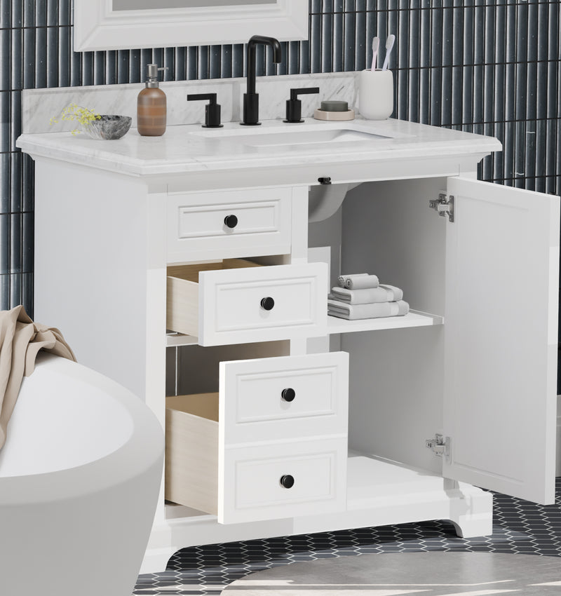 Icon 36" Vanity in White with Carrara Marble Top