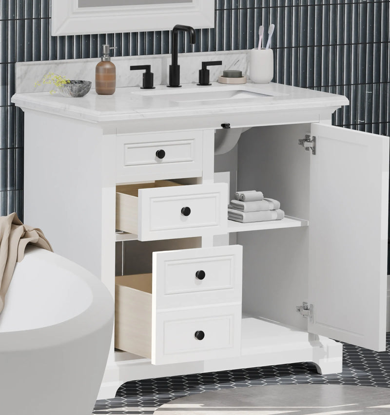 Icon 36" Vanity in White with Carrara Marble Top