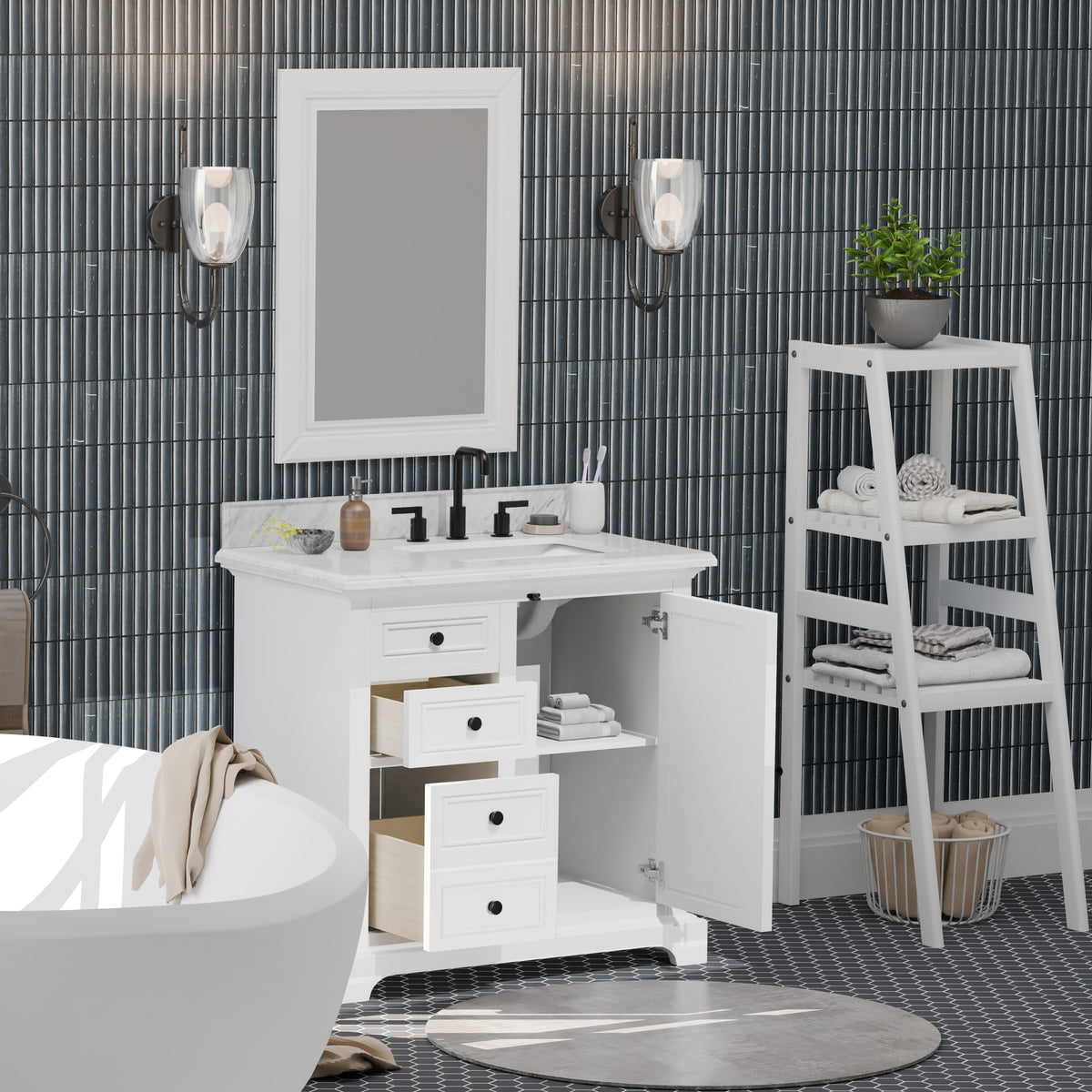 Icon 36" Vanity in White with Carrara Marble Top