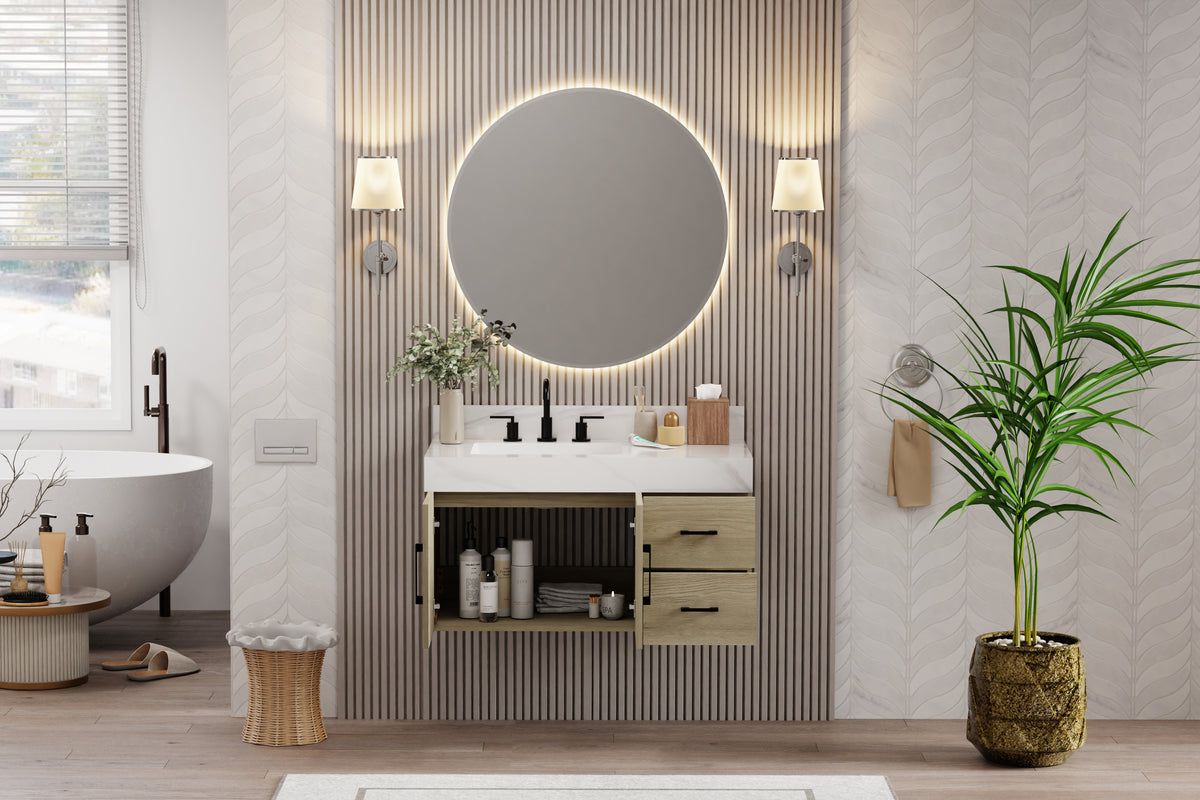 Utopia 36" bathroom vanity in dark oak with Calacatta top, modern design featuring mirror and plants in stylish bathroom.