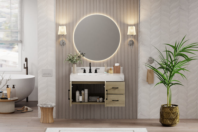 Utopia 36" bathroom vanity in dark oak with Calacatta top, modern design featuring mirror and plants in stylish bathroom.