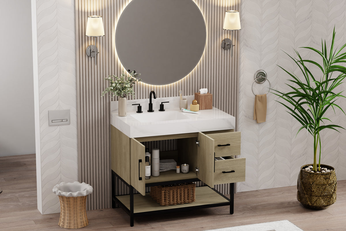 Utopia 36 inch dark oak bathroom vanity with Calacatta sintered stone top and modern design features.