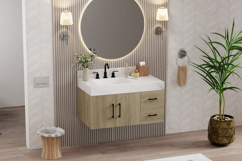 Utopia 36" bathroom vanity in dark oak with Calacatta top, modern design, circular mirror, stylish bathroom decor